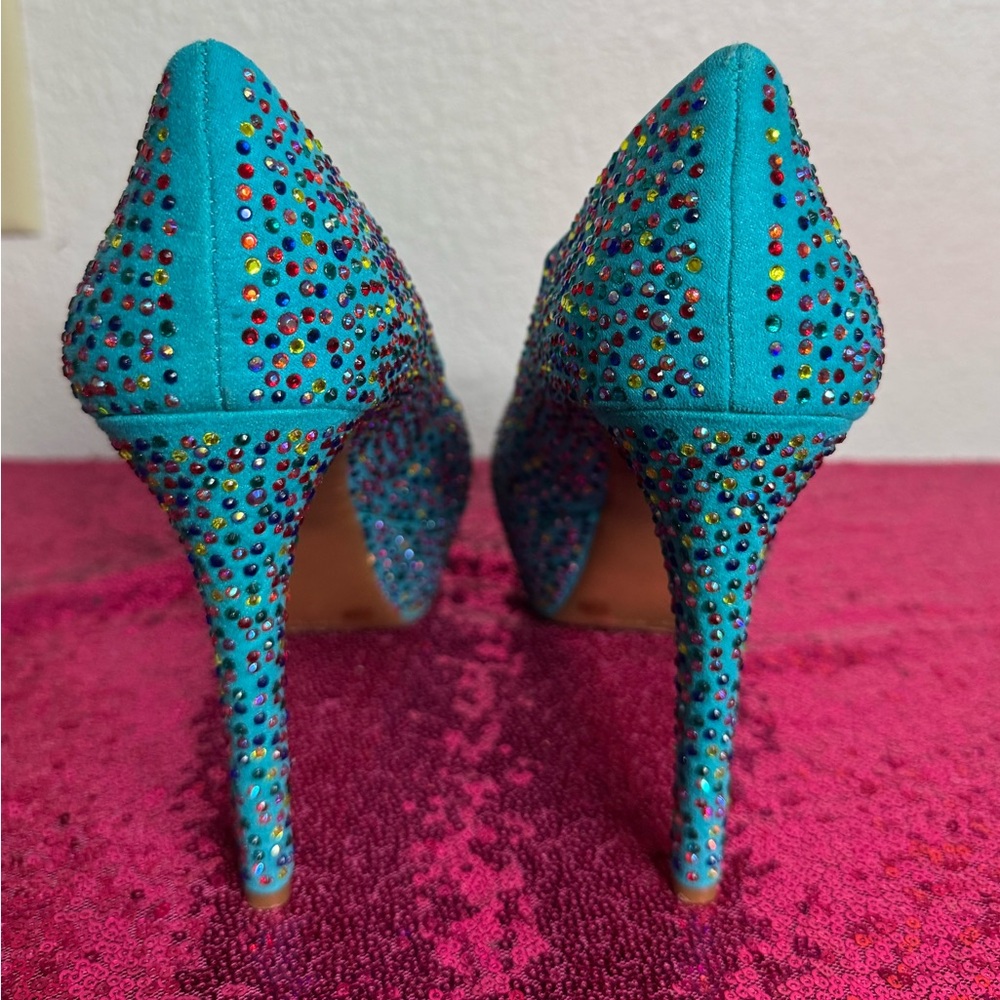 GIANNI BINI 💎Vibrant Blue Rhinestone Stud Platform Stilleto Party Heels (7.5) - Picture 6 of 11